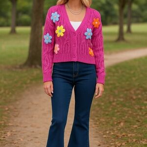 NWT Very J Pink Button Cardi w/ Handmade Flower Appliqués